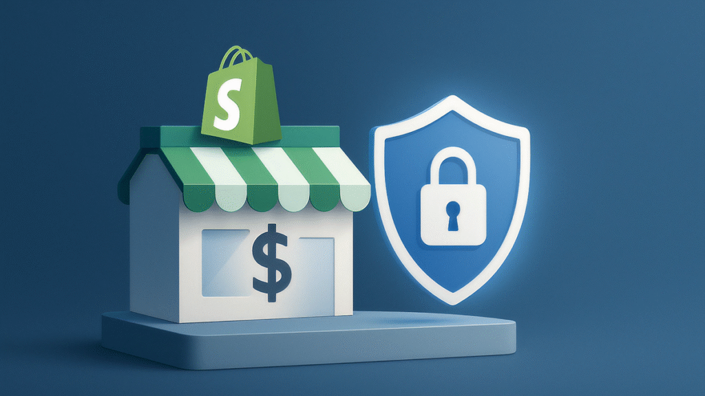 Illustration of a Shopify store shielded by insurance protection for e-commerce security